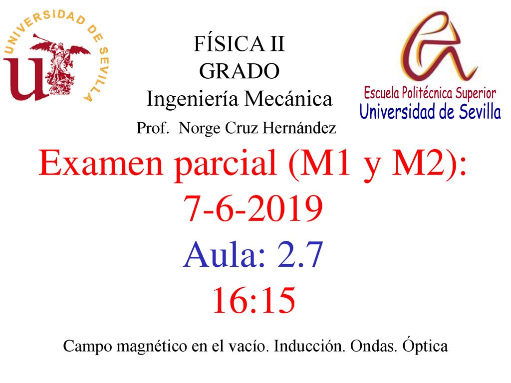 Examen parcial (M1 y M2): Aula: :15 FÍSICA II GRADO