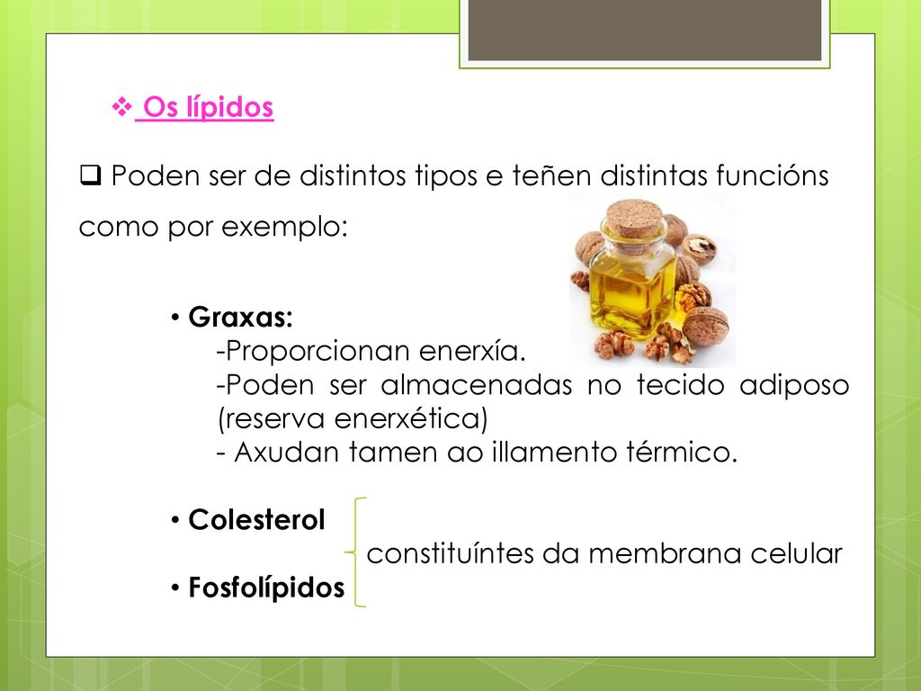 Os lípidos Poden ser de distintos tipos e teñen distintas funcións como por exemplo: Graxas: Proporcionan enerxía.