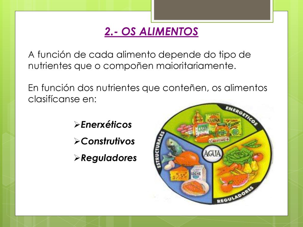 2.- OS ALIMENTOS A función de cada alimento depende do tipo de nutrientes que o compoñen maioritariamente.