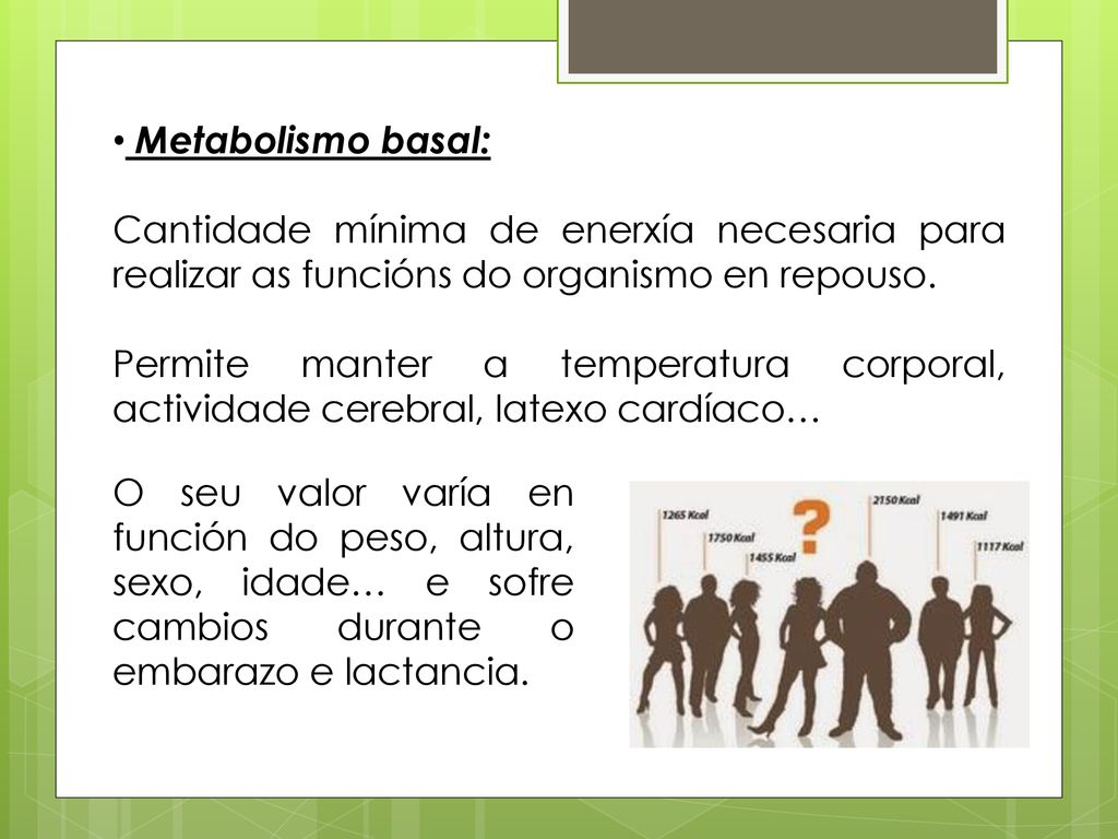 Metabolismo basal: Cantidade mínima de enerxía necesaria para realizar as funcións do organismo en repouso.