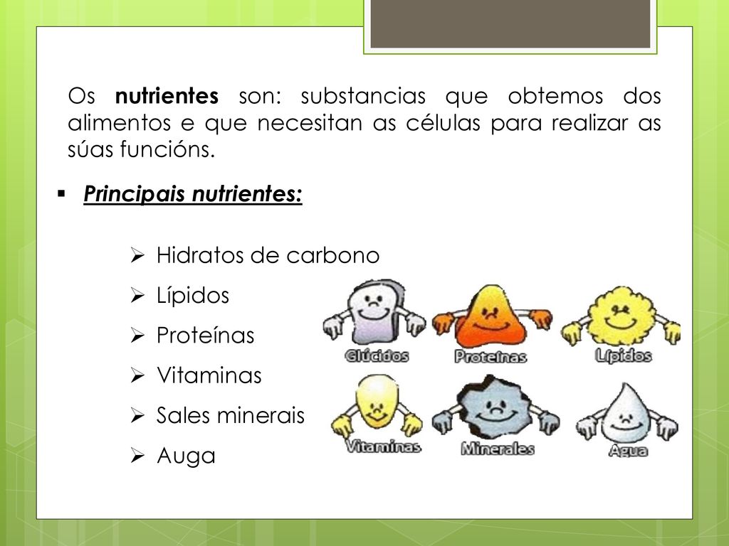 Os nutrientes son: substancias que obtemos dos alimentos e que necesitan as células para realizar as súas funcións.