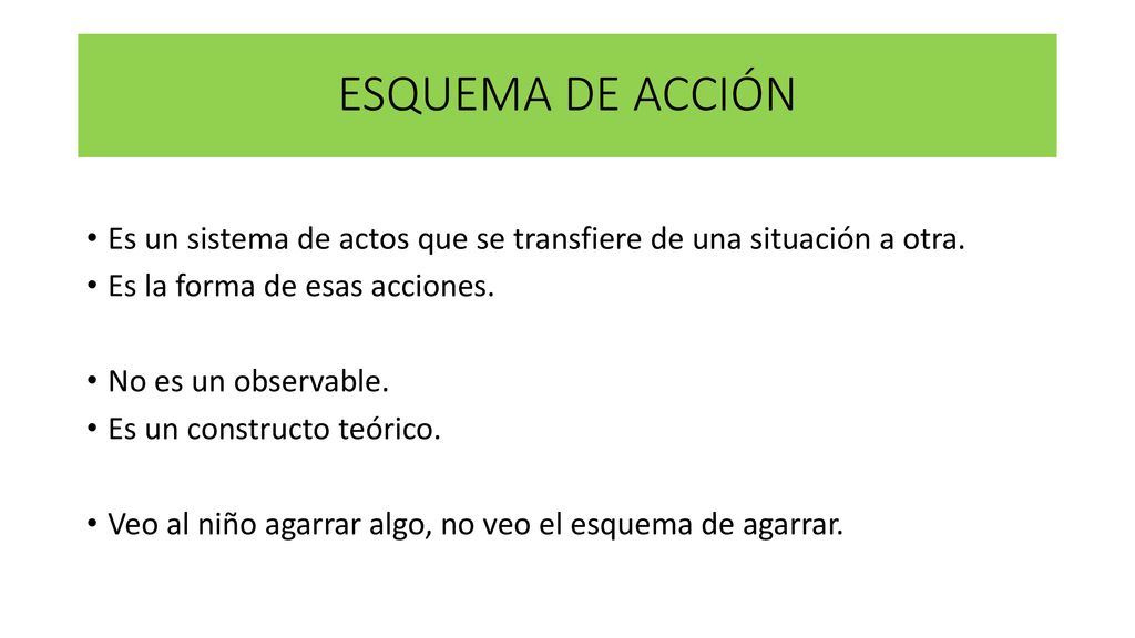 ESQUEMA DE ACCIÓN Es un sistema de actos que se transfiere de una situación a otra. Es la forma de esas acciones.