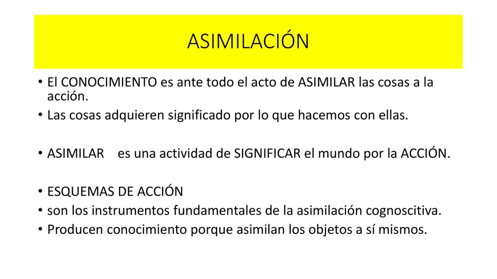 ASIMILACIÓN El CONOCIMIENTO es ante todo el acto de ASIMILAR las cosas a la acción. Las cosas adquieren significado por lo que hacemos con ellas.