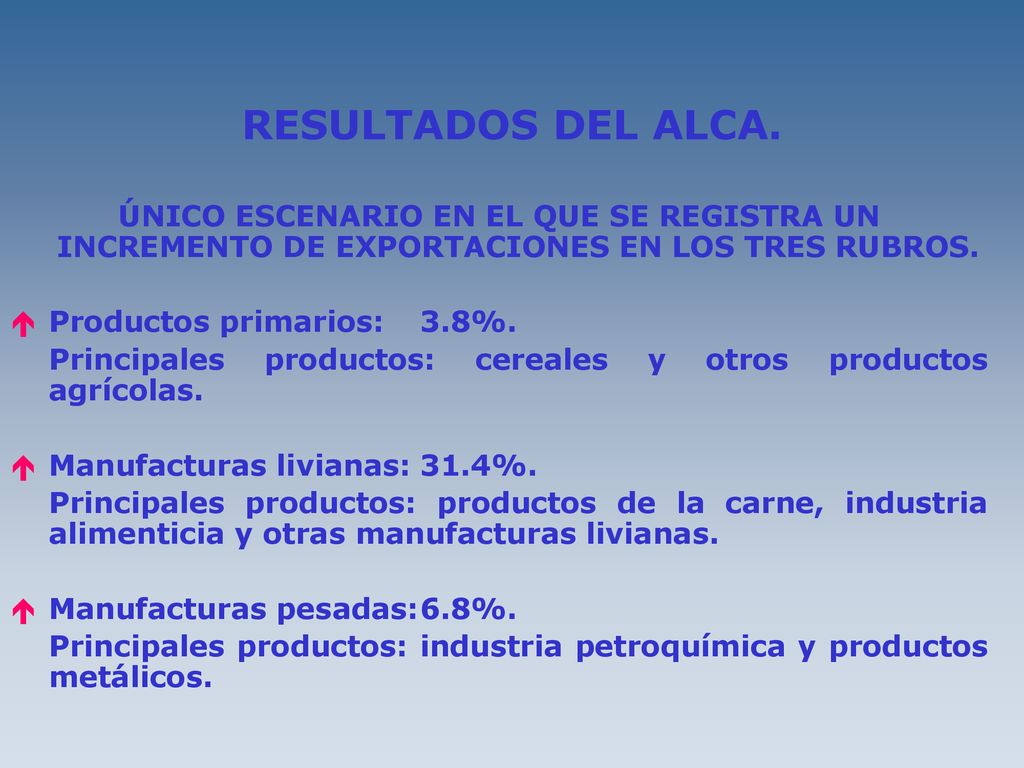 RESULTADOS DEL ALCA. ÚNICO ESCENARIO EN EL QUE SE REGISTRA UN INCREMENTO DE EXPORTACIONES EN LOS TRES RUBROS.
