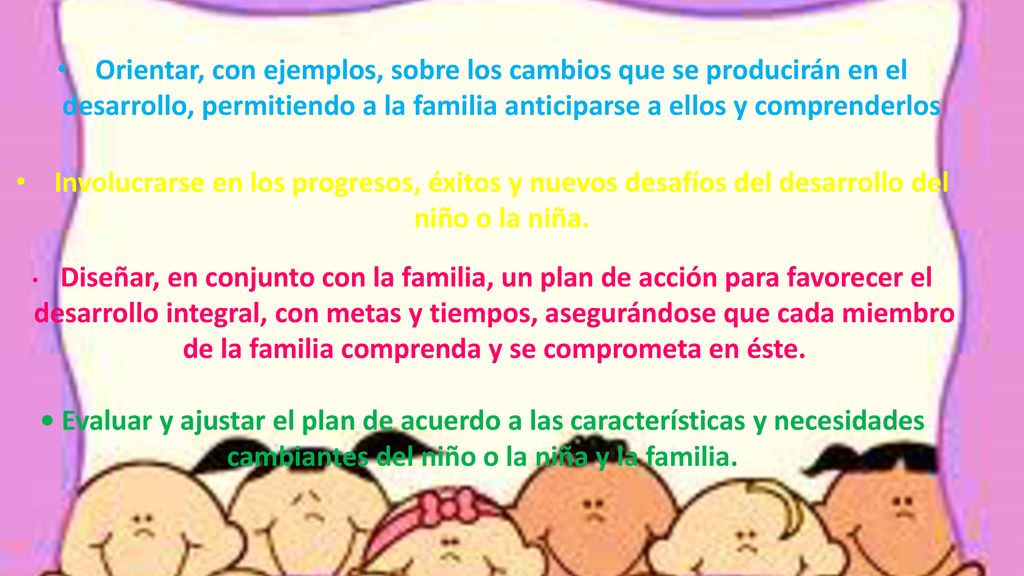 Orientar, con ejemplos, sobre los cambios que se producirán en el desarrollo, permitiendo a la familia anticiparse a ellos y comprenderlos