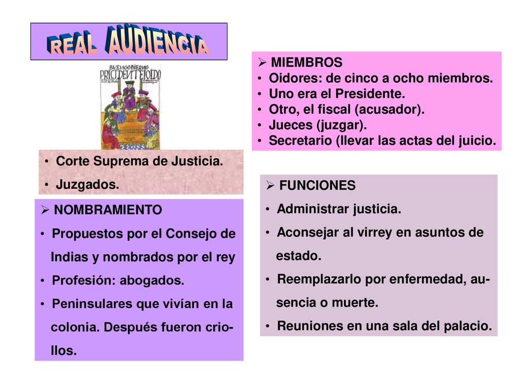 REAL AUDIENCIA MIEMBROS Oidores: de cinco a ocho miembros.