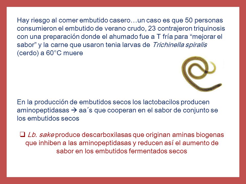 Hay riesgo al comer embutido casero…un caso es que 50 personas consumieron el embutido de verano crudo, 23 contrajeron triquinosis con una preparación donde el ahumado fue a T fría para mejorar el sabor y la carne que usaron tenia larvas de Trichinella spiralis (cerdo) a 60°C muere
