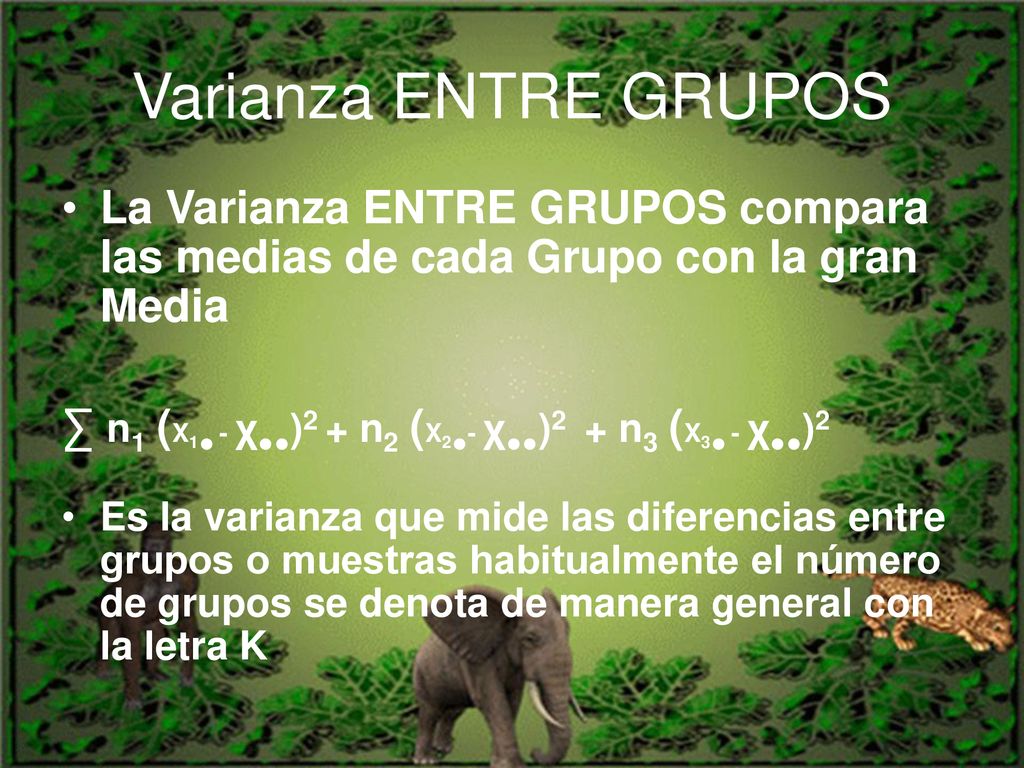 Varianza ENTRE GRUPOS La Varianza ENTRE GRUPOS compara las medias de cada Grupo con la gran Media.