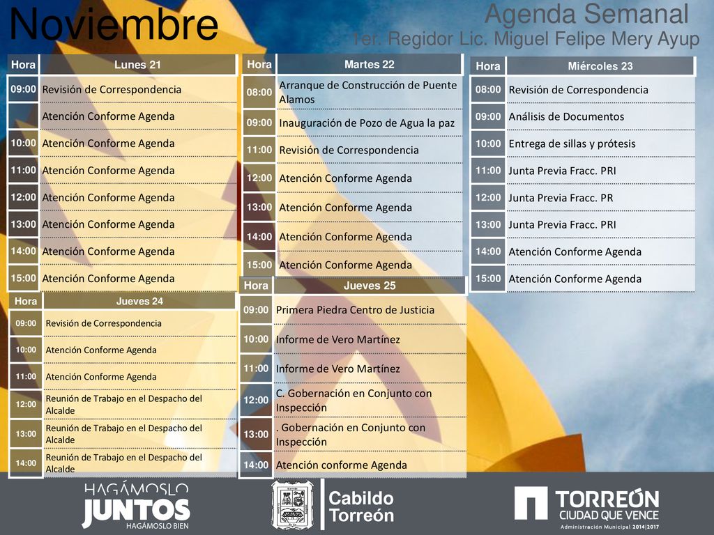 Noviembre Agenda Semanal 1er. Regidor Lic. Miguel Felipe Mery Ayup