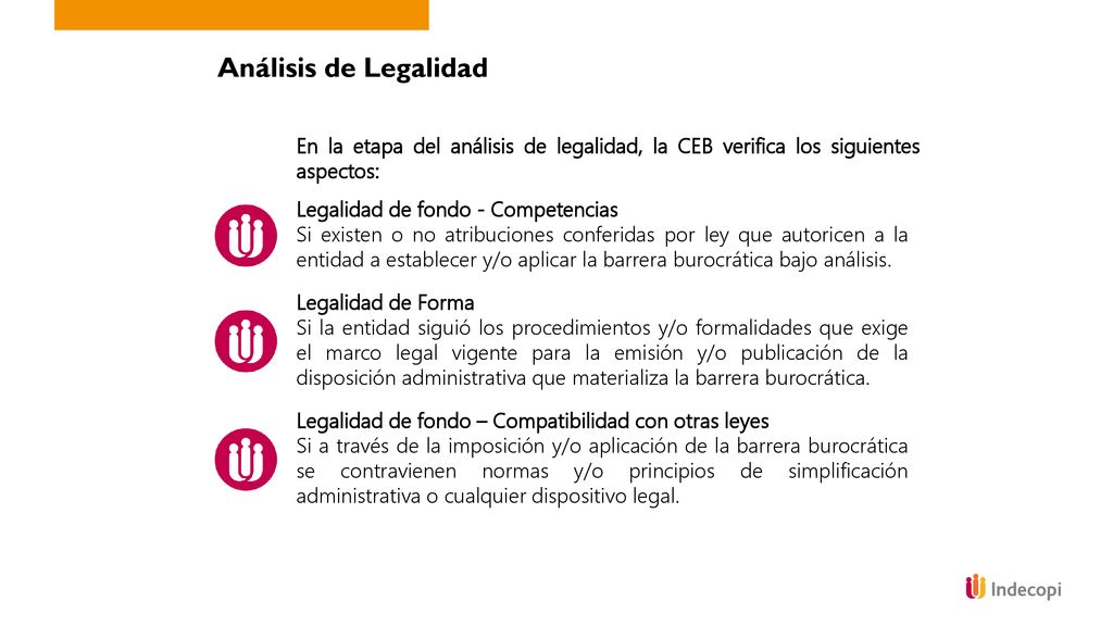 Análisis de Legalidad En la etapa del análisis de legalidad, la CEB verifica los siguientes aspectos: