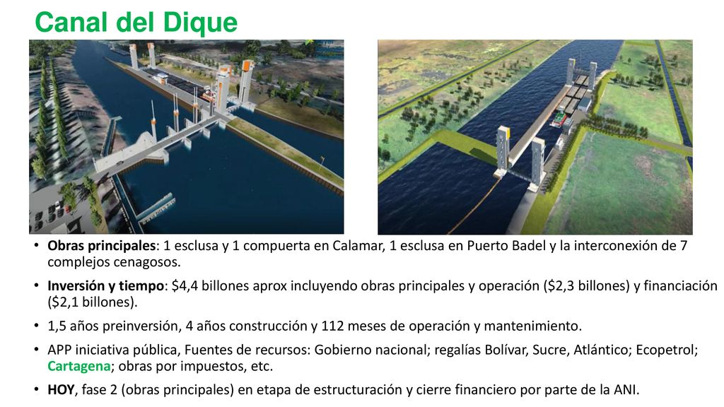 Canal del Dique Obras principales: 1 esclusa y 1 compuerta en Calamar, 1 esclusa en Puerto Badel y la interconexión de 7 complejos cenagosos.