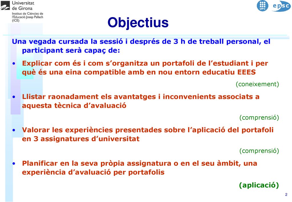 Objectius Una vegada cursada la sessió i després de 3 h de treball personal, el participant serà capaç de: