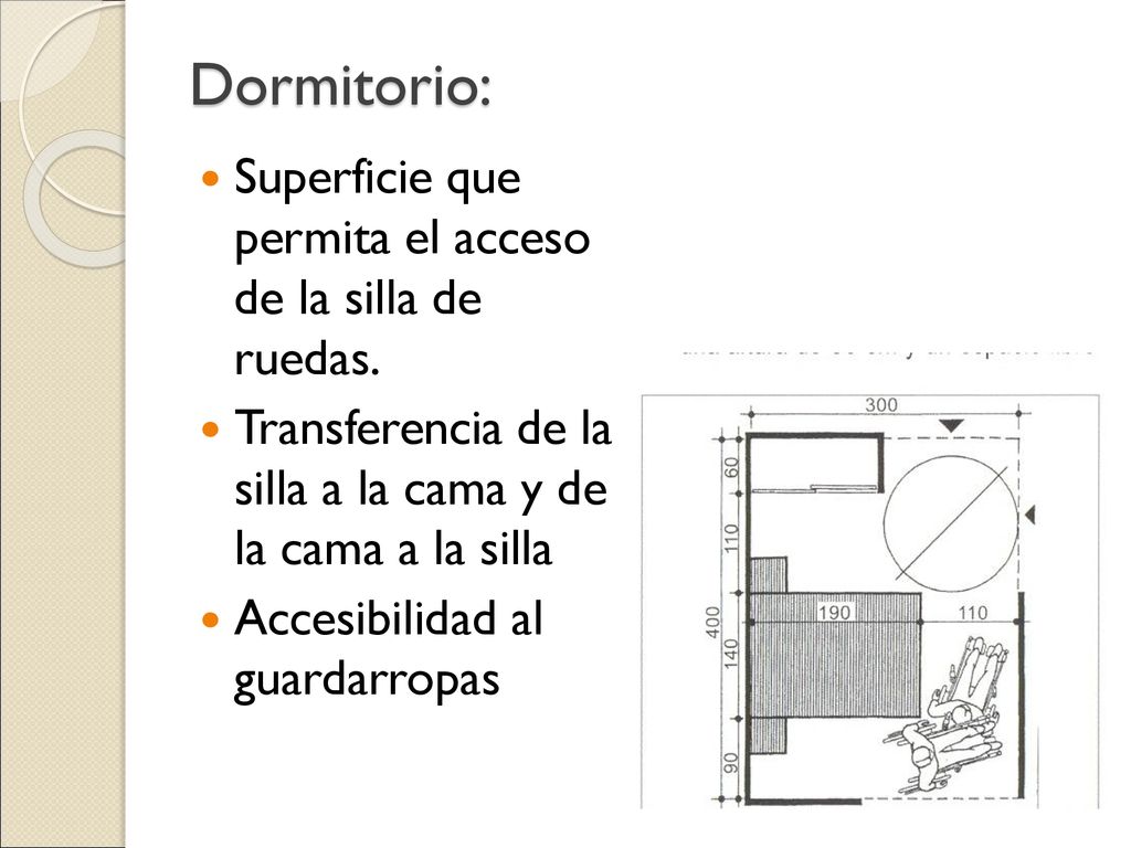 Dormitorio: Superficie que permita el acceso de la silla de ruedas.