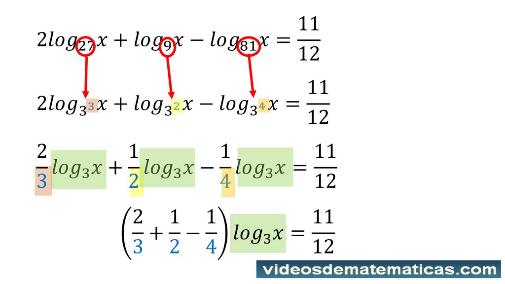 2 𝑙𝑜𝑔 27 𝑥+ 𝑙𝑜𝑔 9 𝑥− 𝑙𝑜𝑔 81 𝑥= 𝑙𝑜𝑔 3 3 𝑥+ 𝑙𝑜𝑔 3 2 𝑥− 𝑙𝑜𝑔 3 4 𝑥= 𝑙𝑜𝑔 3 𝑥+ 1 2 𝑙𝑜𝑔 3 𝑥− 1 4 𝑙𝑜𝑔 3 𝑥=