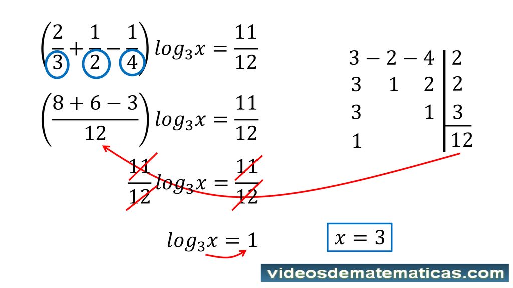 − 1 4 𝑙𝑜𝑔 3 𝑥= −2− −3 12 𝑙𝑜𝑔 3 𝑥=