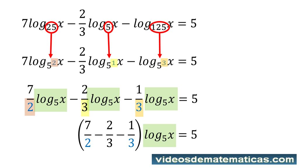 7 𝑙𝑜𝑔 25 𝑥− 2 3 𝑙𝑜𝑔 5 𝑥− 𝑙𝑜𝑔 125 𝑥=5 7 𝑙𝑜𝑔 5 2 𝑥− 2 3 𝑙𝑜𝑔 5 1 𝑥− 𝑙𝑜𝑔 5 3 𝑥= 𝑙𝑜𝑔 5 𝑥− 2 3 𝑙𝑜𝑔 5 𝑥− 1 3 𝑙𝑜𝑔 5 𝑥=5.