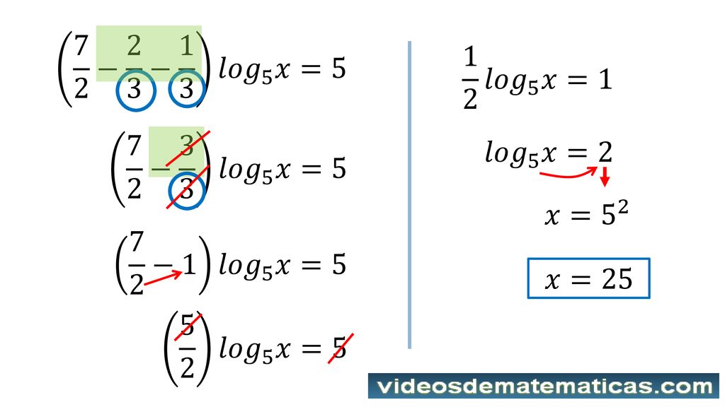7 2 − 2 3 − 1 3 𝑙𝑜𝑔 5 𝑥=5 1 2 𝑙𝑜𝑔 5 𝑥= − 3 3 𝑙𝑜𝑔 5 𝑥=5. 𝑙𝑜𝑔 5 𝑥=2. 𝑥= −1 𝑙𝑜𝑔 5 𝑥=5.
