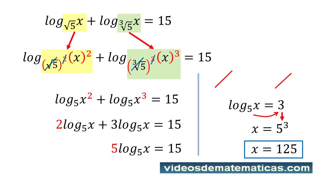 𝑙𝑜𝑔 5 𝑥+ 𝑙𝑜𝑔 3 5 𝑥=15 𝑙𝑜𝑔 5 2 𝑥 2 + 𝑙𝑜𝑔 𝑥 3 =15. 𝑙𝑜𝑔 5 𝑥 2 + 𝑙𝑜𝑔 5 𝑥 3 =15.