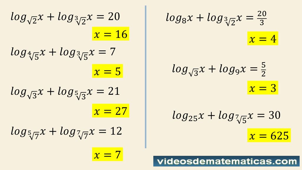 𝑙𝑜𝑔 2 𝑥+ 𝑙𝑜𝑔 3 2 𝑥=20 𝑙𝑜𝑔 8 𝑥+ 𝑙𝑜𝑔 3 2 𝑥= 𝑥=16. 𝑥=4. 𝑙𝑜𝑔 4 5 𝑥+ 𝑙𝑜𝑔 3 5 𝑥=7. 𝑙𝑜𝑔 3 𝑥+ 𝑙𝑜𝑔 9 𝑥= 5 2.