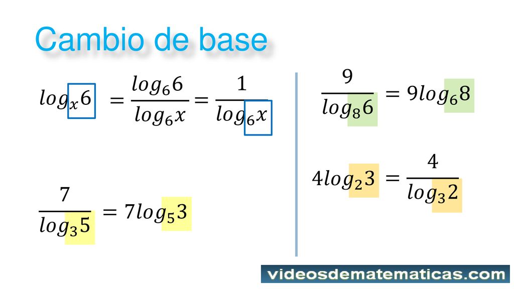 Cambio de base 9 𝑙𝑜𝑔 8 6 = 𝑙𝑜𝑔 6 6 𝑙𝑜𝑔 6 𝑥 = 1 𝑙𝑜𝑔 6 𝑥 =9 𝑙𝑜𝑔 6 8