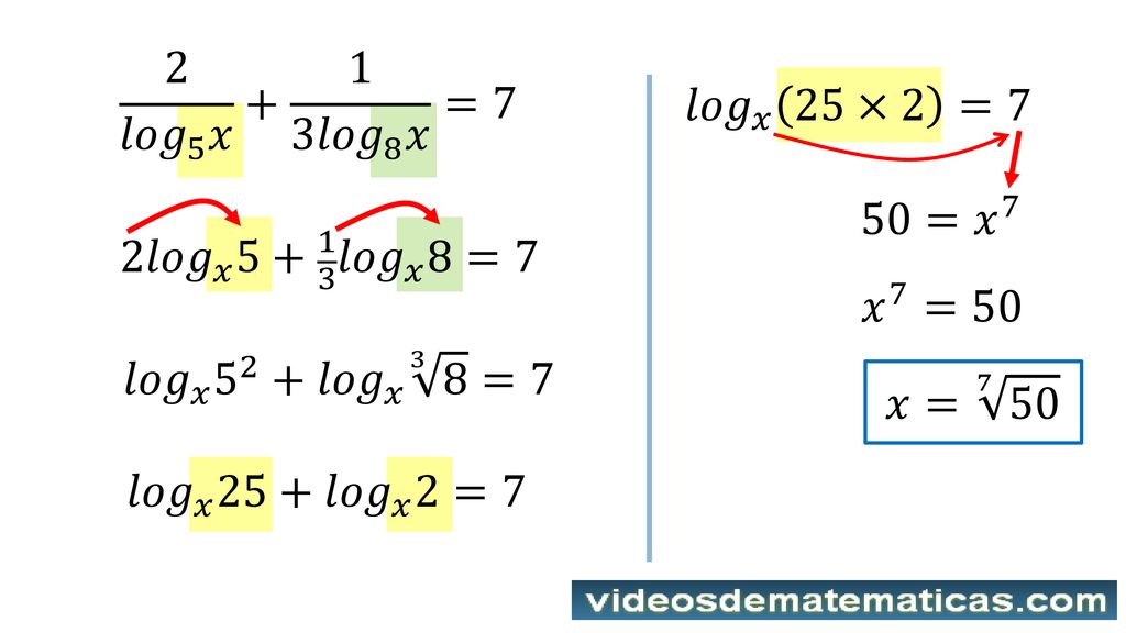 2 𝑙𝑜𝑔 5 𝑥 𝑙𝑜𝑔 8 𝑥 =7 𝑙𝑜𝑔 𝑥 25×2 =7. 50= 𝑥 7. 2 𝑙𝑜𝑔 𝑥 𝑙𝑜𝑔 𝑥 8=7. 𝑥 7 =50. 𝑙𝑜𝑔 𝑥 𝑙𝑜𝑔 𝑥 3 8 =7.