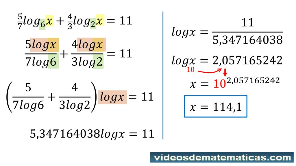 5 7 𝑙𝑜𝑔 6 𝑥+ 4 3 𝑙𝑜𝑔 2 𝑥=11 𝑙𝑜𝑔𝑥= 11 5, 𝑙𝑜𝑔𝑥 7𝑙𝑜𝑔6 + 4𝑙𝑜𝑔𝑥 3𝑙𝑜𝑔2 =11. 𝑙𝑜𝑔𝑥=2,