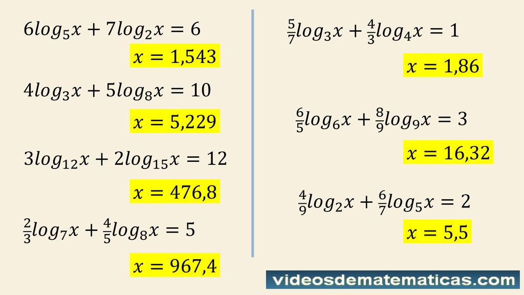 6 𝑙𝑜𝑔 5 𝑥+7 𝑙𝑜𝑔 2 𝑥=6 5 7 𝑙𝑜𝑔 3 𝑥+ 4 3 𝑙𝑜𝑔 4 𝑥=1. 𝑥=1,543. 𝑥=1,86. 4 𝑙𝑜𝑔 3 𝑥+5 𝑙𝑜𝑔 8 𝑥= 𝑙𝑜𝑔 6 𝑥+ 8 9 𝑙𝑜𝑔 9 𝑥=3.
