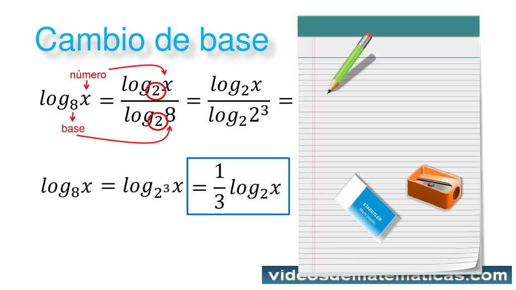 Cambio de base = 𝑙𝑜𝑔 2 𝑥 𝑙𝑜𝑔 2 8 = 𝑙𝑜𝑔 2 𝑥 𝑙𝑜𝑔 = 𝑙𝑜𝑔 2 𝑥 3