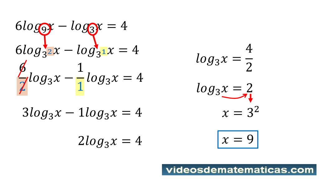 6 𝑙𝑜𝑔 9 𝑥− 𝑙𝑜𝑔 3 𝑥=4 6𝑙𝑜𝑔 3 2 𝑥− 𝑙𝑜𝑔 3 1 𝑥=4. 𝑙𝑜𝑔 3 𝑥= 𝑙𝑜𝑔 3 𝑥− 1 1 𝑙𝑜𝑔 3 𝑥=4. 𝑙𝑜𝑔 3 𝑥=2.