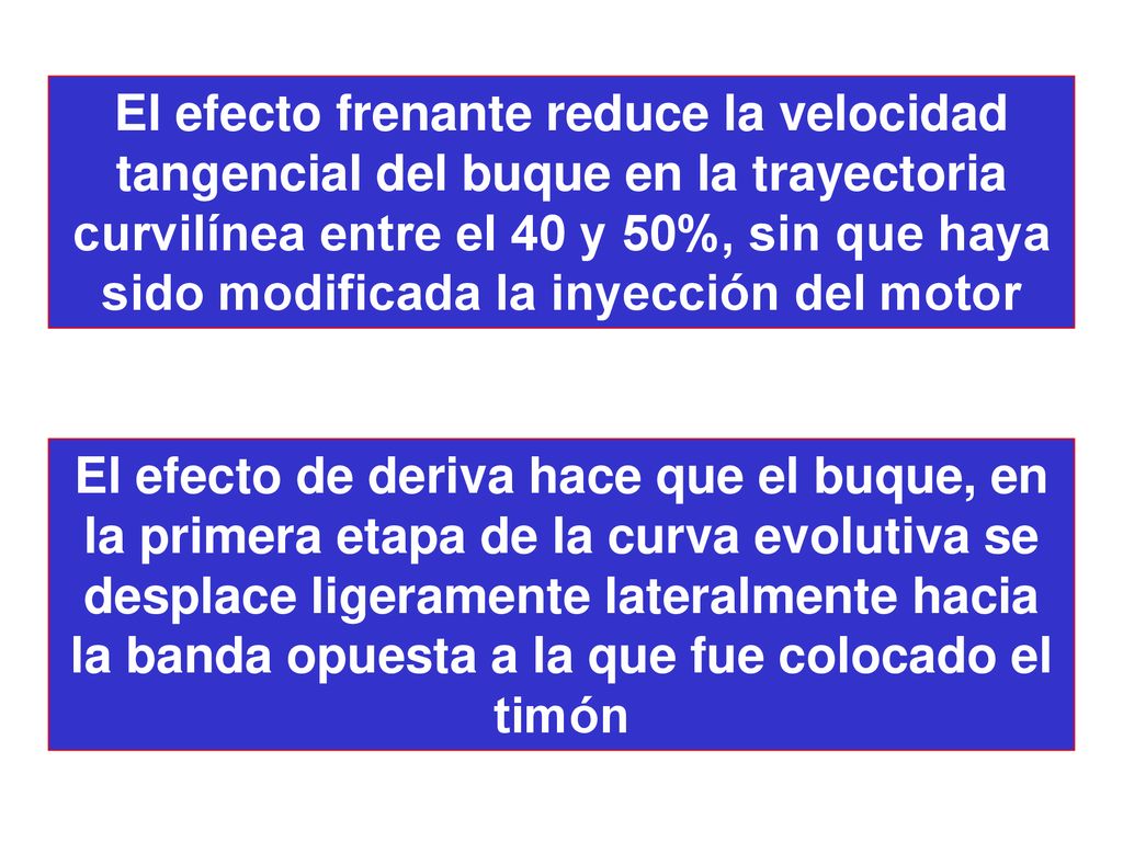 El efecto frenante reduce la velocidad tangencial del buque en la trayectoria curvilínea entre el 40 y 50%, sin que haya sido modificada la inyección del motor