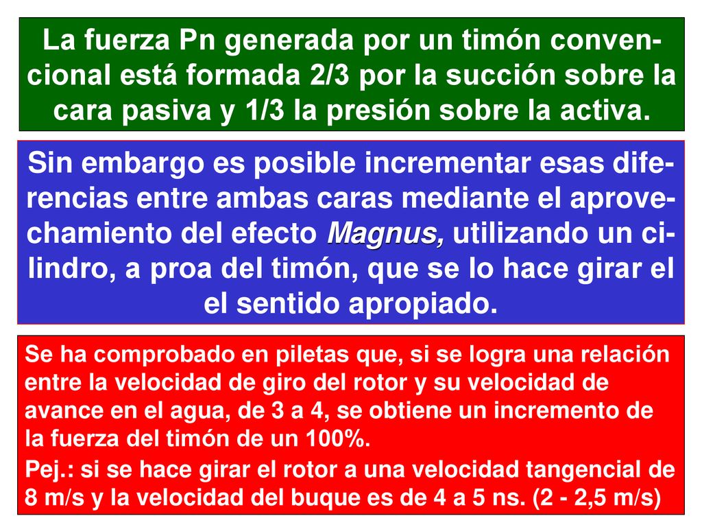 La fuerza Pn generada por un timón conven-cional está formada 2/3 por la succión sobre la cara pasiva y 1/3 la presión sobre la activa.