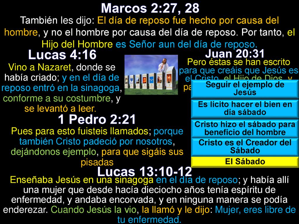 Marcos 2:27, 28 Lucas 4:16 1 Pedro 2:21 Lucas 13:10-12