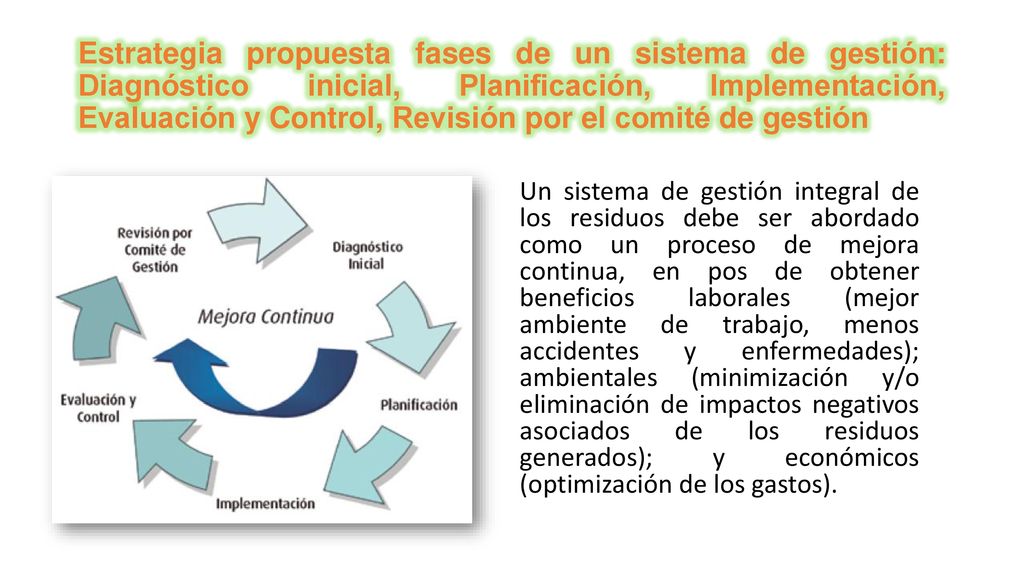 Estrategia propuesta fases de un sistema de gestión: Diagnóstico inicial, Planificación, Implementación, Evaluación y Control, Revisión por el comité de gestión