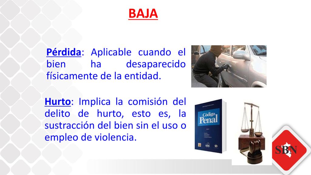 BAJA Pérdida: Aplicable cuando el bien ha desaparecido físicamente de la entidad.