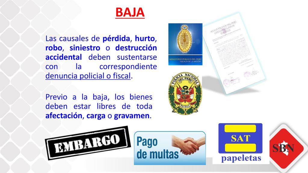 BAJA Las causales de pérdida, hurto, robo, siniestro o destrucción accidental deben sustentarse con la correspondiente denuncia policial o fiscal.