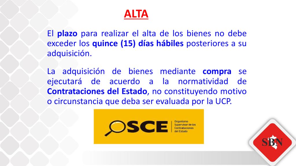 ALTA El plazo para realizar el alta de los bienes no debe exceder los quince (15) días hábiles posteriores a su adquisición.