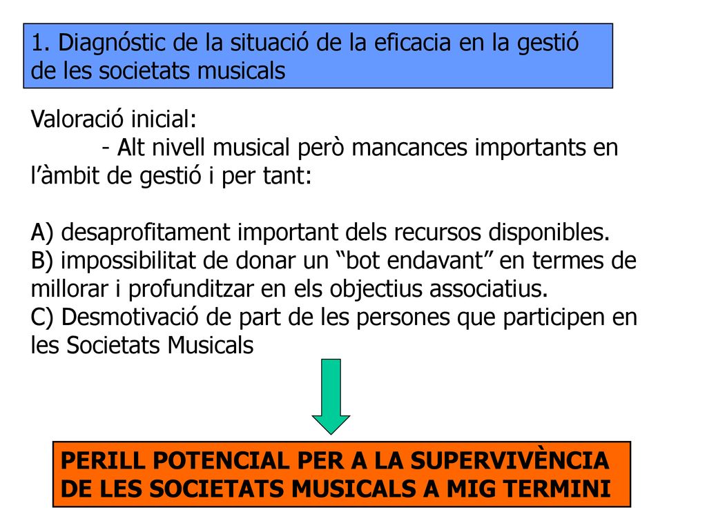 1. Diagnóstic de la situació de la eficacia en la gestió de les societats musicals