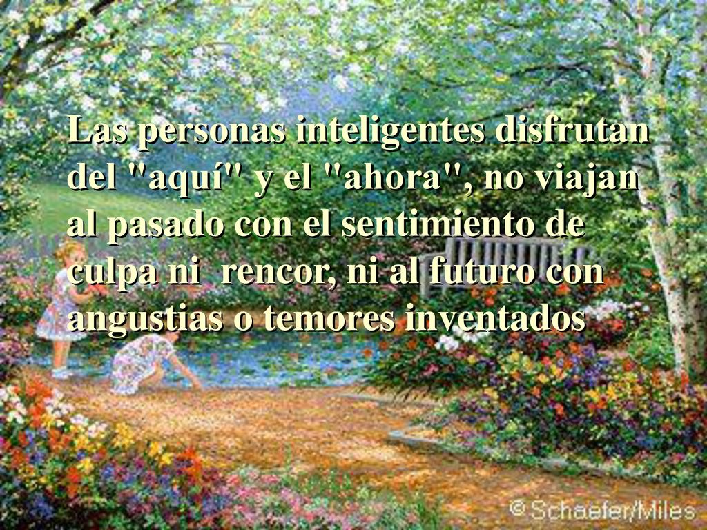 Las personas inteligentes disfrutan del aquí y el ahora , no viajan al pasado con el sentimiento de culpa ni rencor, ni al futuro con angustias o temores inventados