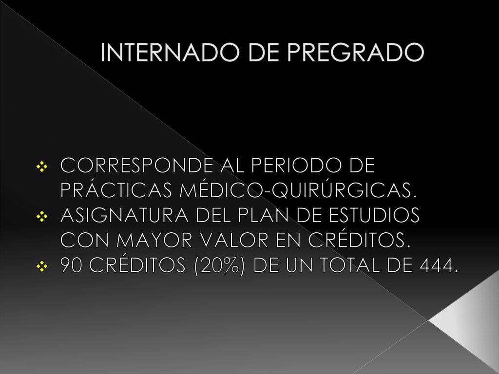 INTERNADO DE PREGRADO CORRESPONDE AL PERIODO DE PRÁCTICAS MÉDICO-QUIRÚRGICAS. ASIGNATURA DEL PLAN DE ESTUDIOS CON MAYOR VALOR EN CRÉDITOS.