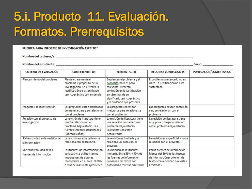 5.i. Producto 11. Evaluación. Formatos. Prerrequisitos