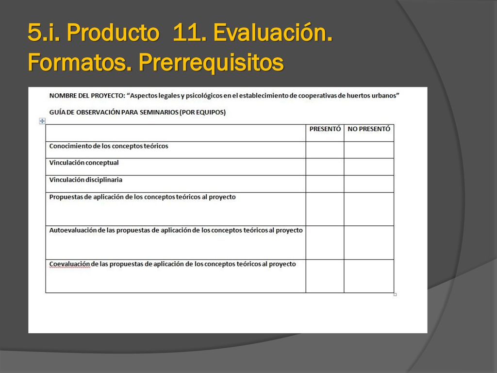 5.i. Producto 11. Evaluación. Formatos. Prerrequisitos