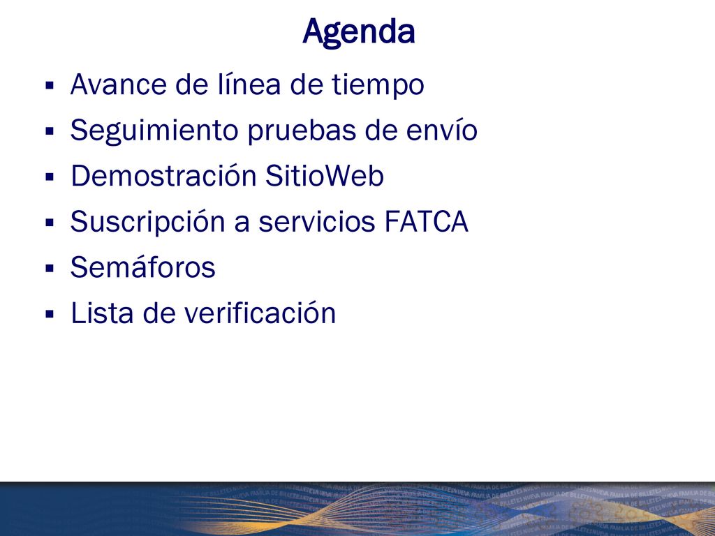 Agenda Avance de línea de tiempo Seguimiento pruebas de envío