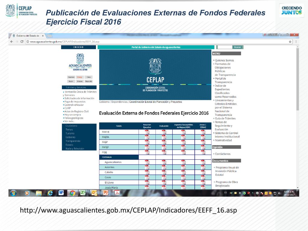 Publicación de Evaluaciones Externas de Fondos Federales Ejercicio Fiscal 2016
