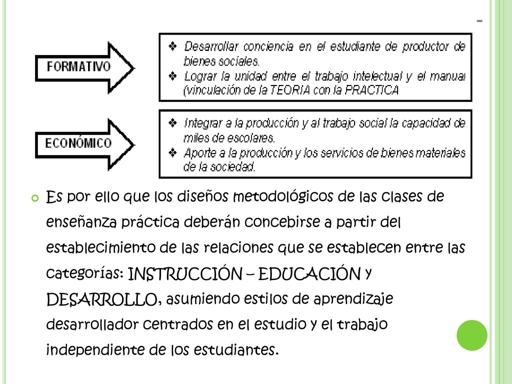 Es por ello que los diseños metodológicos de las clases de enseñanza práctica deberán concebirse a partir del establecimiento de las relaciones que se establecen entre las categorías: INSTRUCCIÓN – EDUCACIÓN y DESARROLLO, asumiendo estilos de aprendizaje desarrollador centrados en el estudio y el trabajo independiente de los estudiantes.