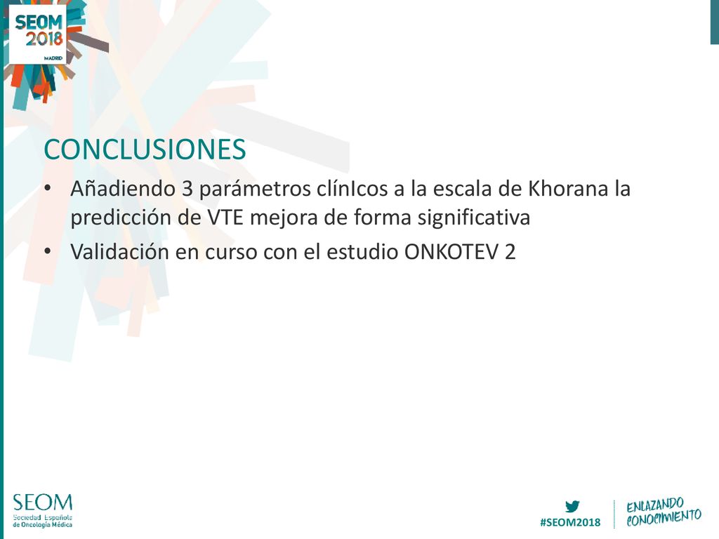 CONCLUSIONES Añadiendo 3 parámetros clínIcos a la escala de Khorana la predicción de VTE mejora de forma significativa.