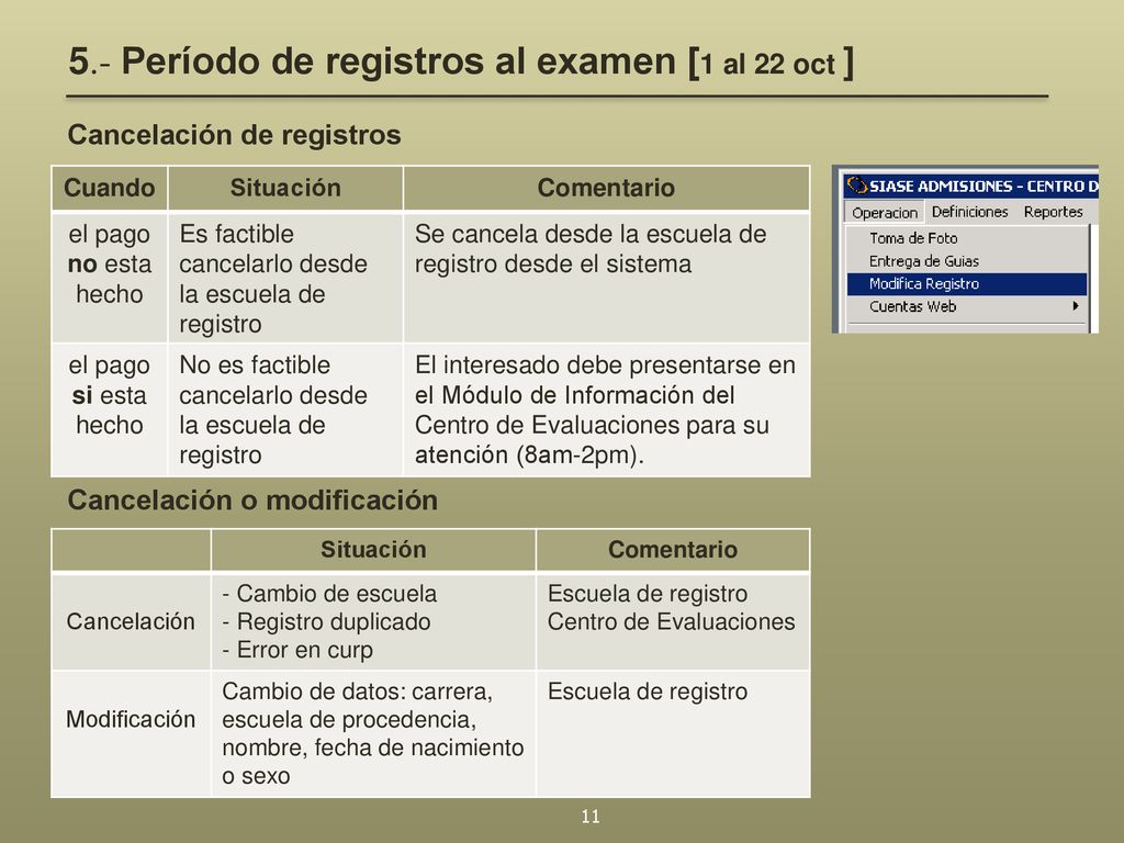 5.- Período de registros al examen [1 al 22 oct ]