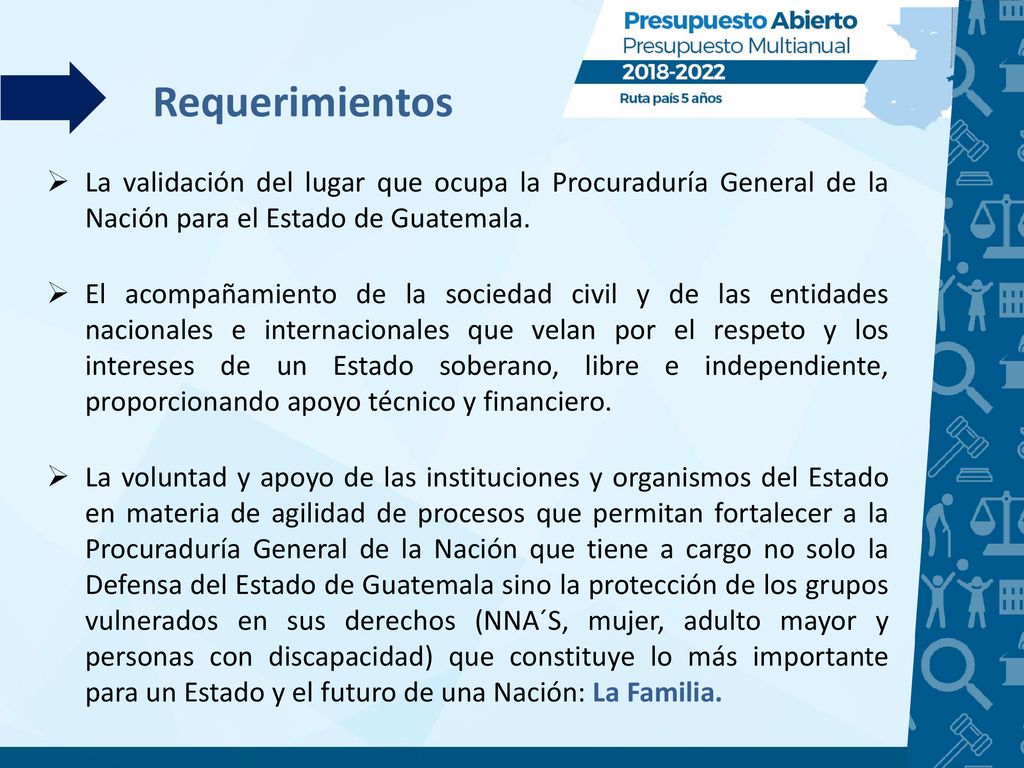 Requerimientos La validación del lugar que ocupa la Procuraduría General de la Nación para el Estado de Guatemala.