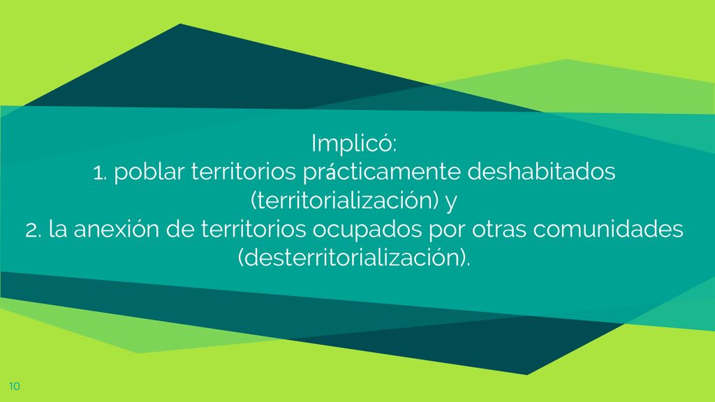 Implicó: 1. poblar territorios prácticamente deshabitados (territorialización) y 2.