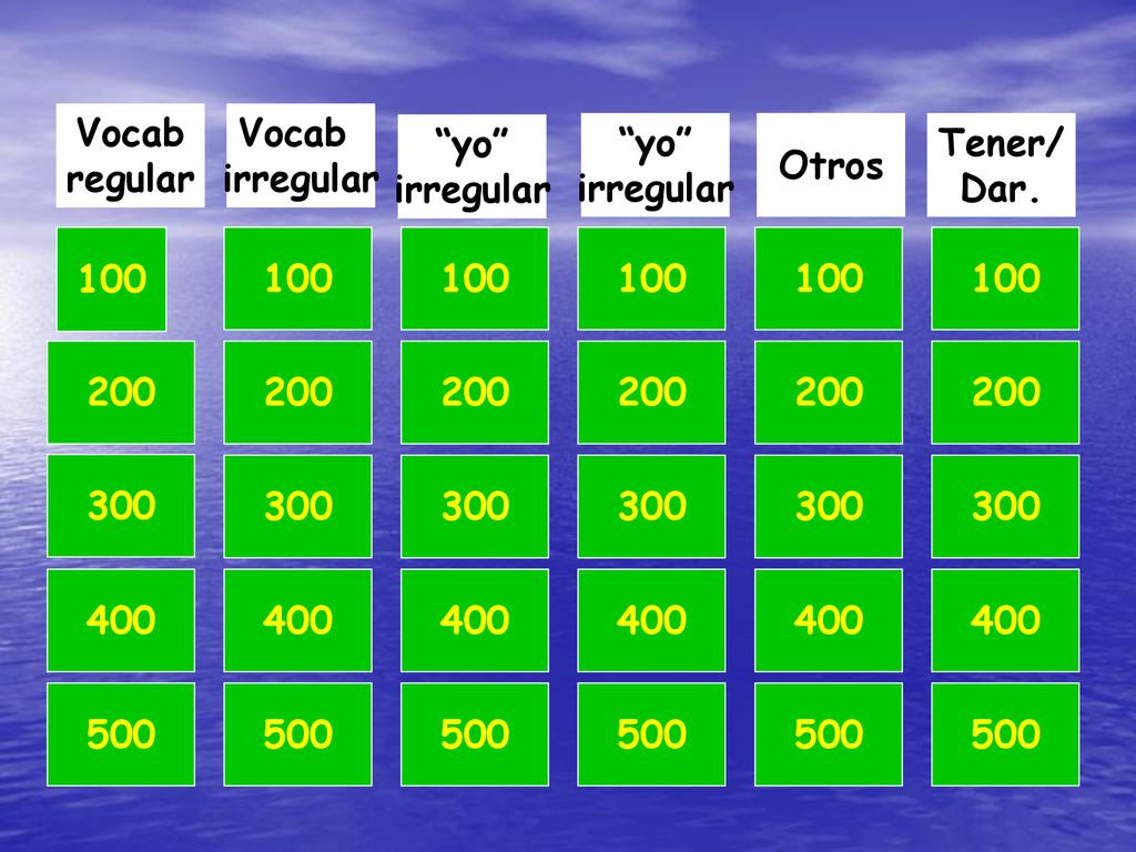 Vocab regular Vocab irregular yo irregular yo irregular Otros Tener/ Dar