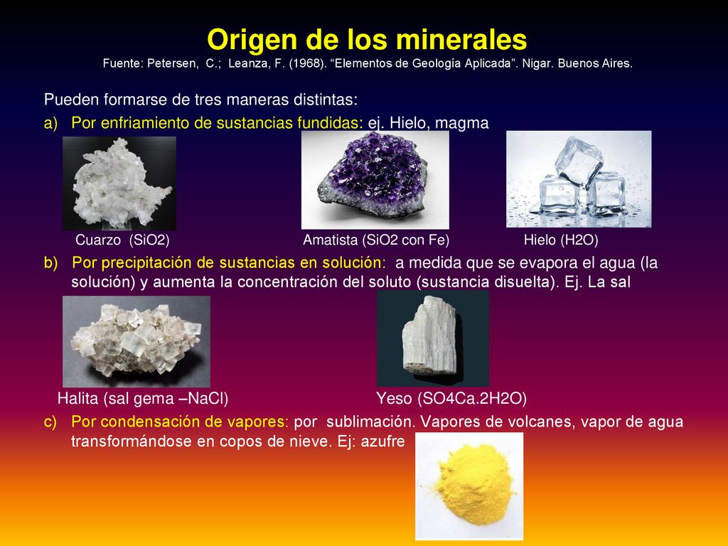 Origen de los minerales Fuente: Petersen, C. ; Leanza, F. (1968)